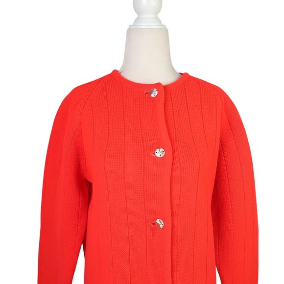 Vintage 70s Vibrant Red Acrylic Knit Button Front Cardigan Sweater L - Picture 2 of 5